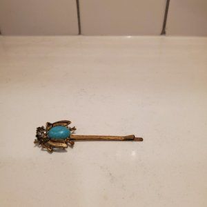 Turquoise Jem Beetle Brass Hair Pin Teal Stone Rhinestones Preppy Vintage Artsy